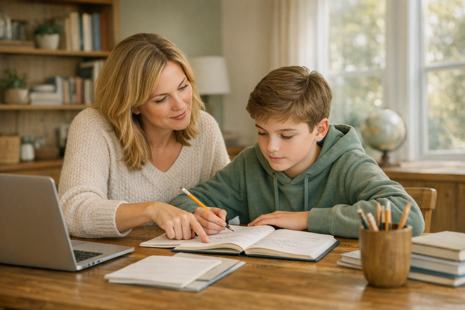 A father sitting at a table with notes and a laptop, thinking through a family plan