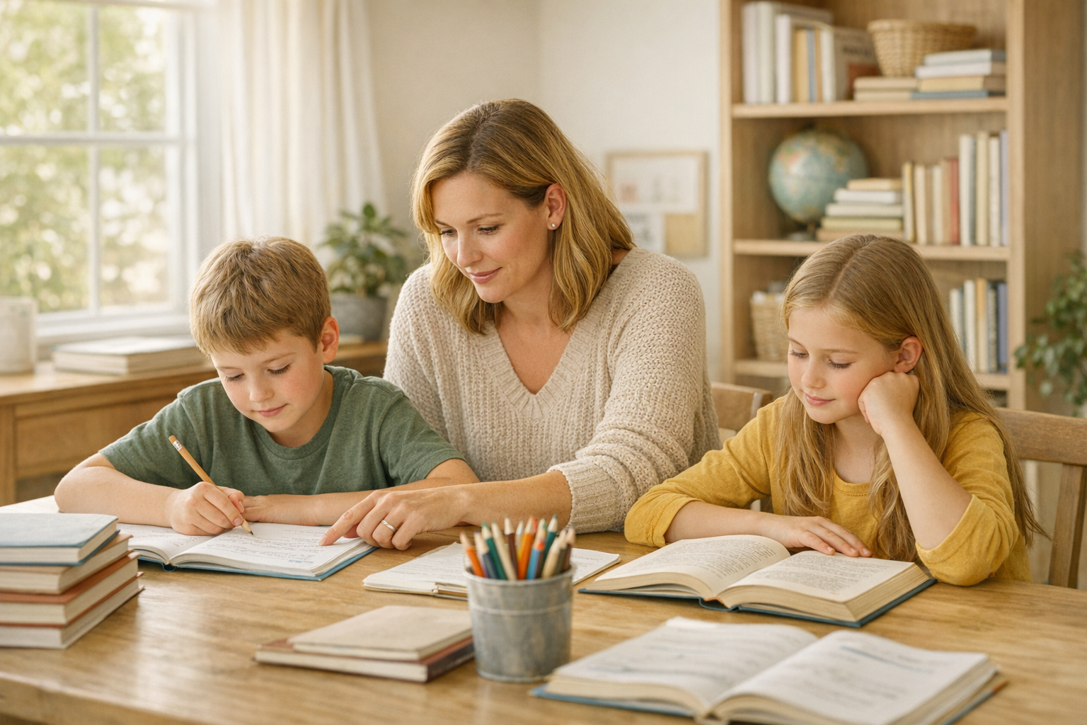 A mother helping two children work through books and schoolwork together